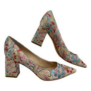 Marc Fisher Beige Blue Floral Jacquard Heels | Size 8.5